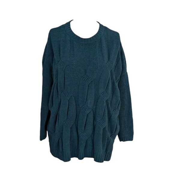 J Jill Green Cable Knit Chenille Crewneck 3D Chain Oversized Sweater Size Medium - Picture 1 of 6